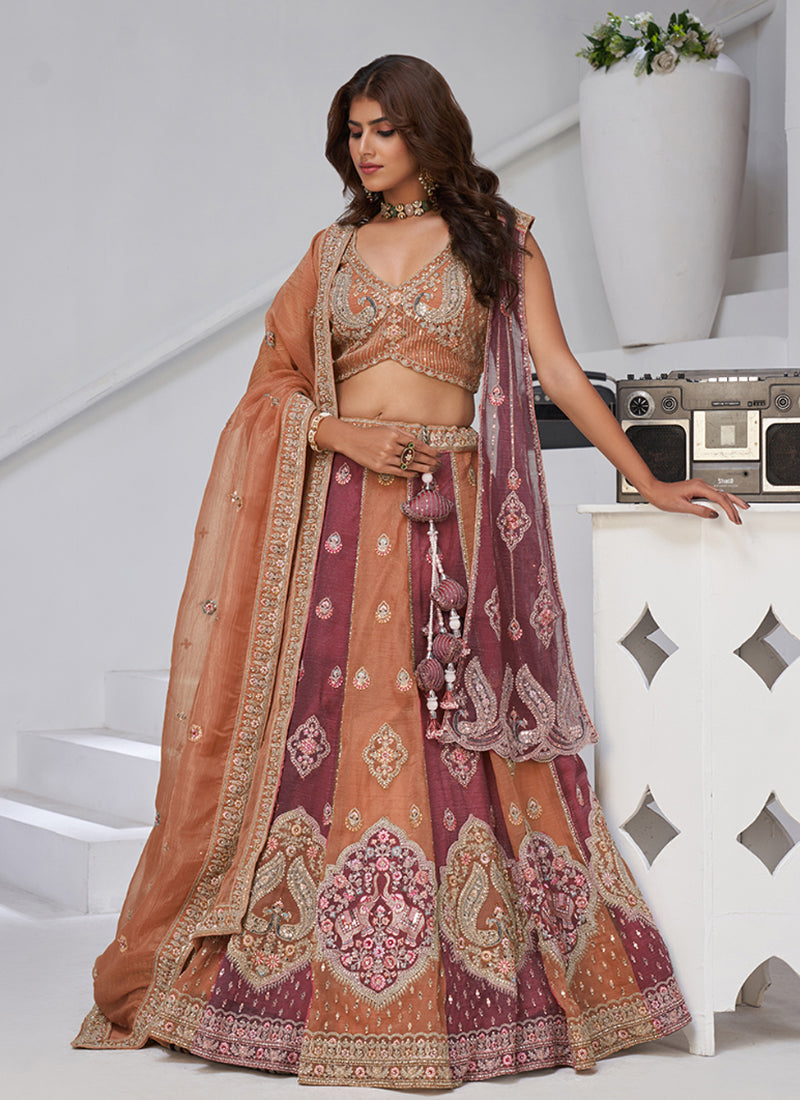 Georgette Peach Wedding Wear Zari Embroidery Work Lehenga Choli 385992