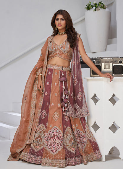 Georgette Peach Wedding Wear Zari Embroidery Work Lehenga Choli 385992