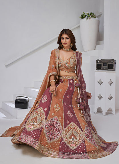 Georgette Peach Wedding Wear Zari Embroidery Work Lehenga Choli 385992