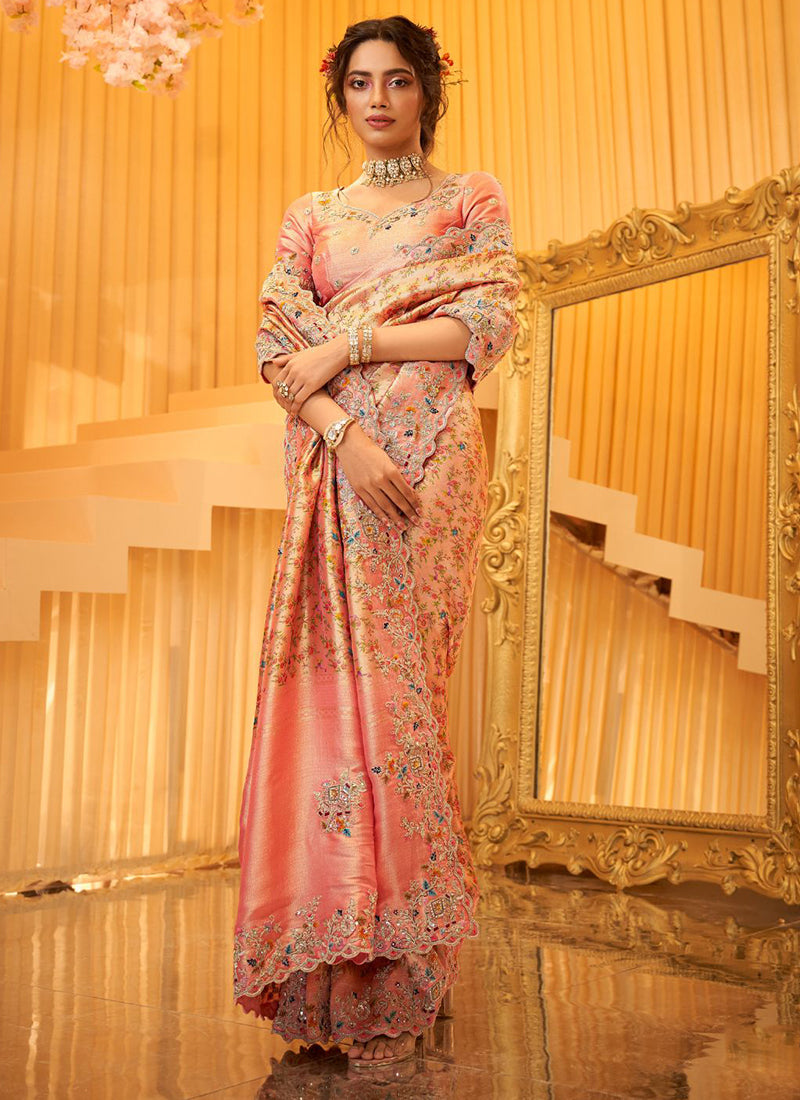 Peach Giraffe Viscose Silk Zari Work Wedding Wear Wedding Saree SW424722