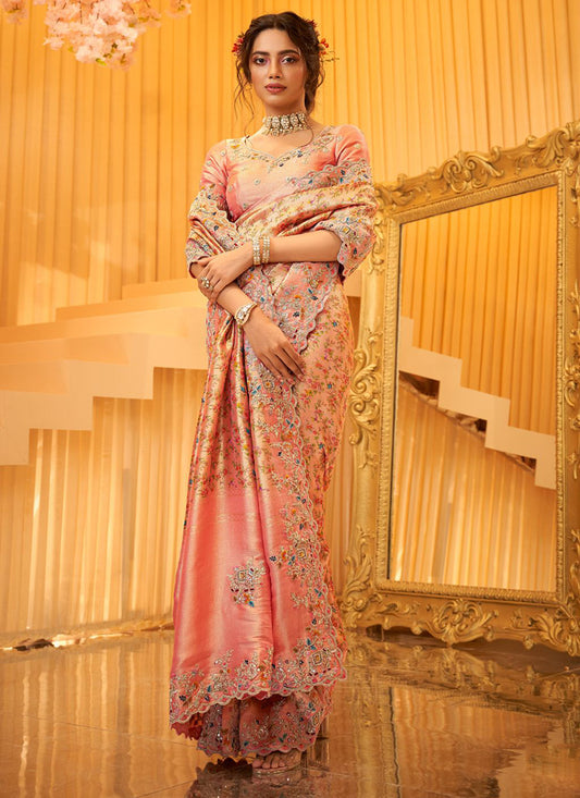 Peach Giraffe Viscose Silk Zari Work Wedding Wear Wedding Saree SW424722