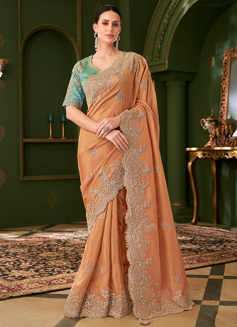 Georgette Silk Peach Gold Wedding Wear Zari Embroidery Work Saree 386652