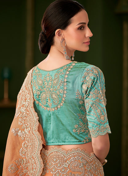 Georgette Silk Peach Gold Wedding Wear Zari Embroidery Work Saree 386652