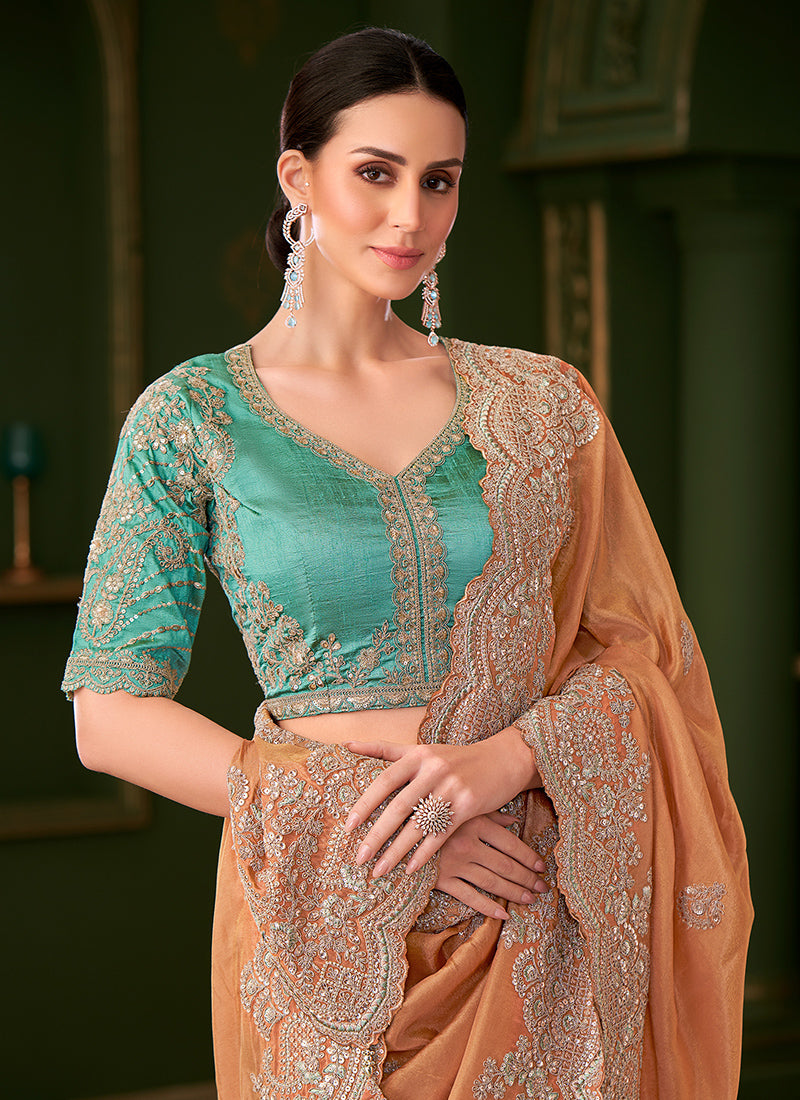 Georgette Silk Peach Gold Wedding Wear Zari Embroidery Work Saree 386652