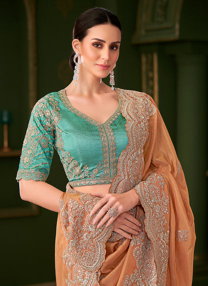 Georgette Silk Peach Gold Wedding Wear Zari Embroidery Work Saree 386652