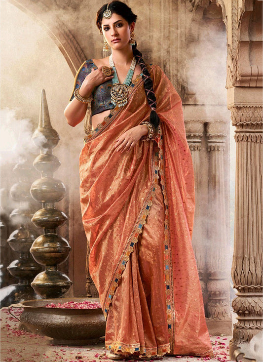 Pure Tissue Peach Gold Party Wear Lace Border Work Saree 387559