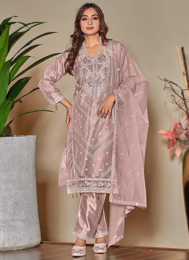 Heavy Organza Peach Eid Wear Embroidery Work Pakistani Suit 388307