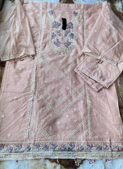 Heavy Organza Peach Eid Wear Embroidery Work Pakistani Suit 388307