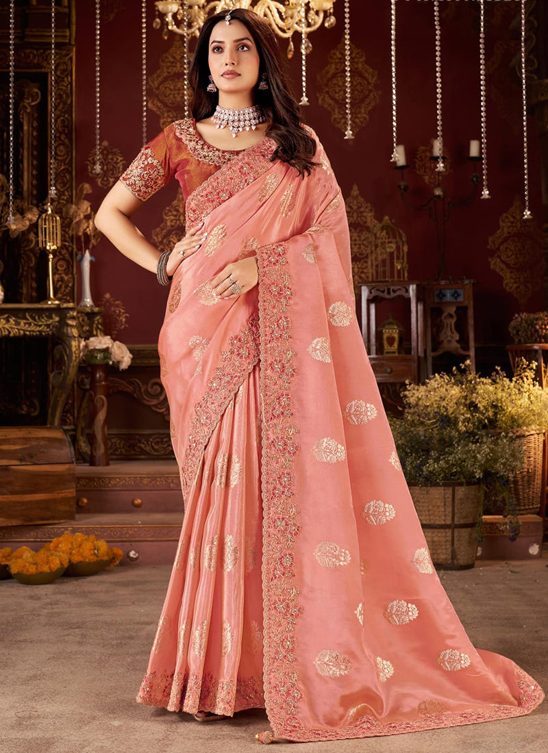 Jacquard Tissue Silk Peach Wedding Wear Border Work Wedding Saree 387809