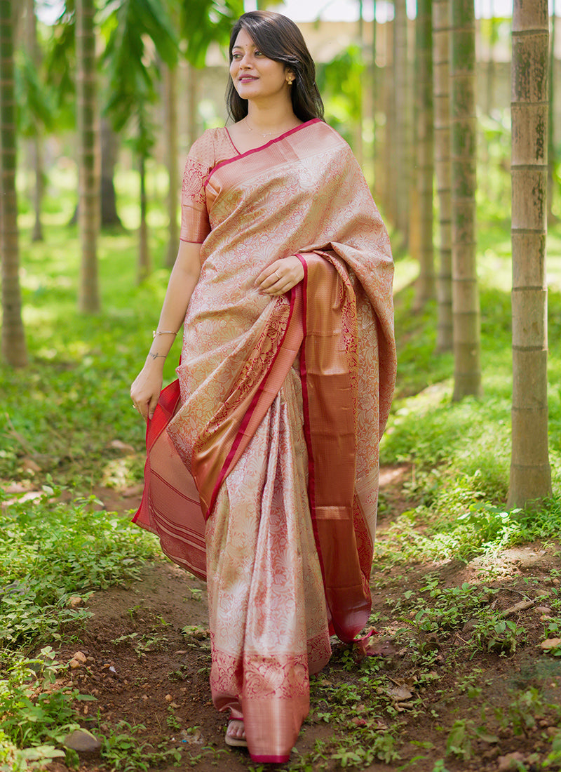 Kanchipuram Silk Peach Festive Wear Weaving Work Saree 386358