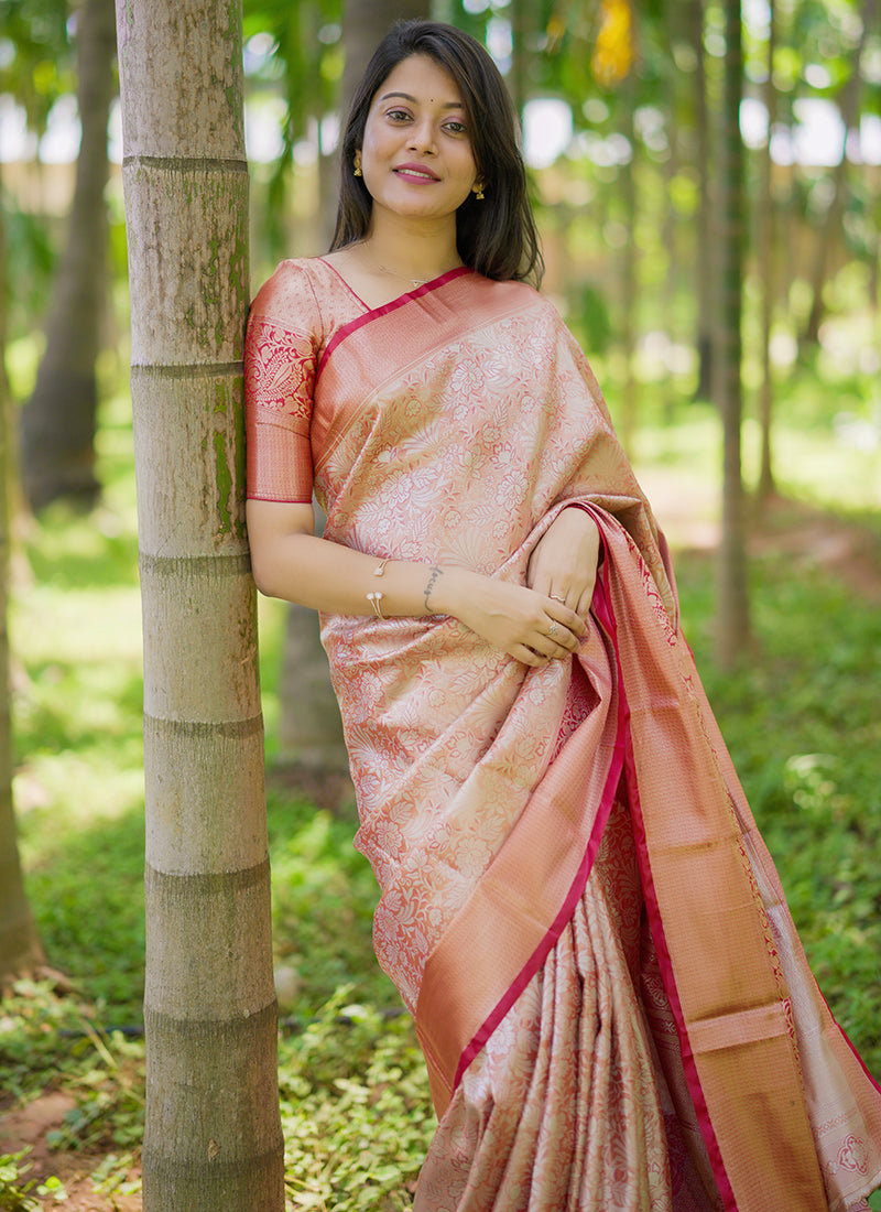 Kanchipuram Silk Peach Festive Wear Weaving Work Saree 386358