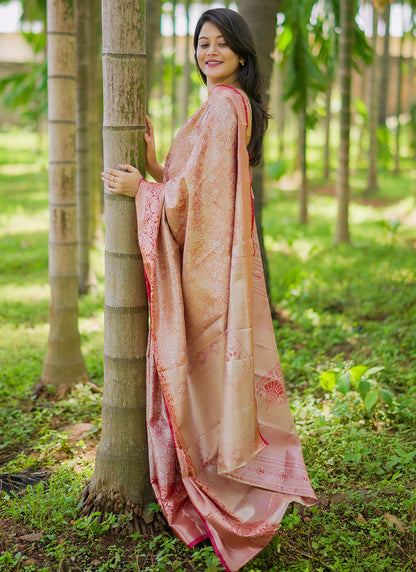 Kanchipuram Silk Peach Festive Wear Weaving Work Saree 386358