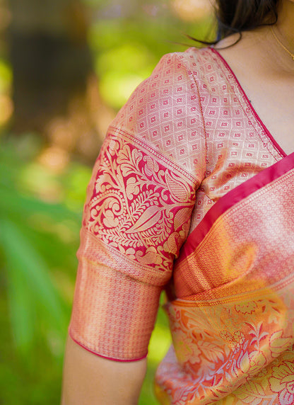 Kanchipuram Silk Peach Festive Wear Weaving Work Saree 386358