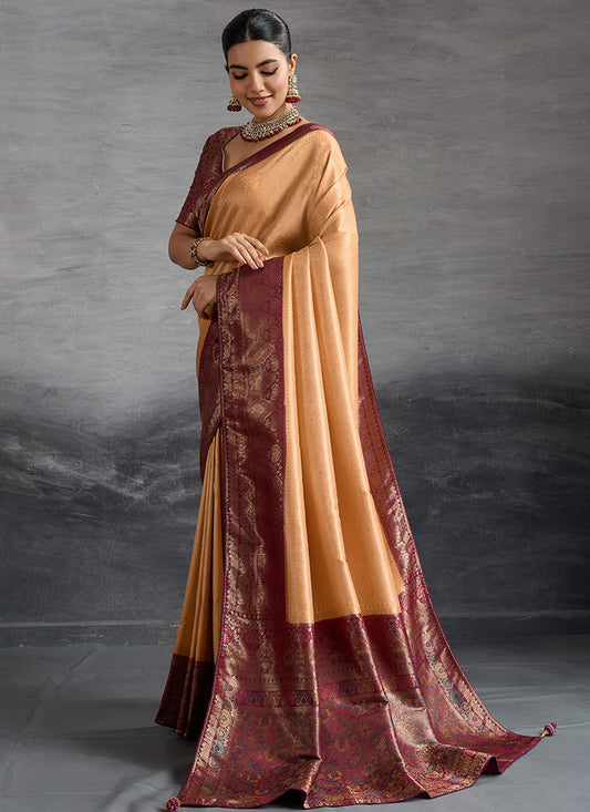 Kanjivaram Silk Peach Saree with Zari Woven Work for Festival Wear 383036
