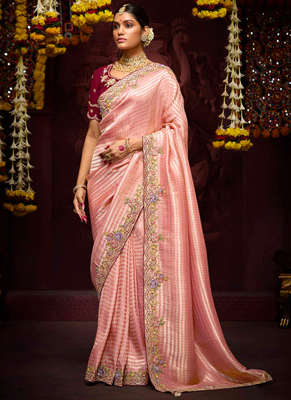 Peach Kanjivaram Silk Sequins Work  Party Wear Saree SW456448