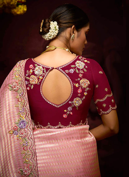 Peach Kanjivaram Silk Sequins Work  Party Wear Saree SW456448