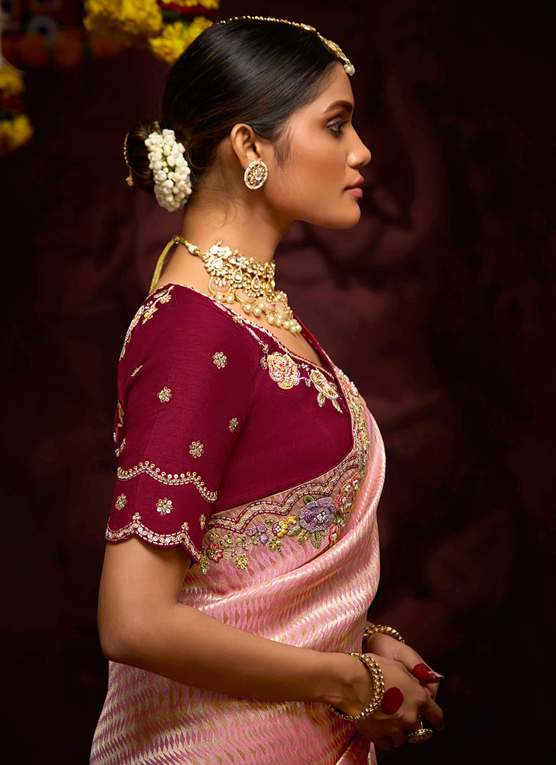 Peach Kanjivaram Silk Sequins Work  Party Wear Saree SW456448
