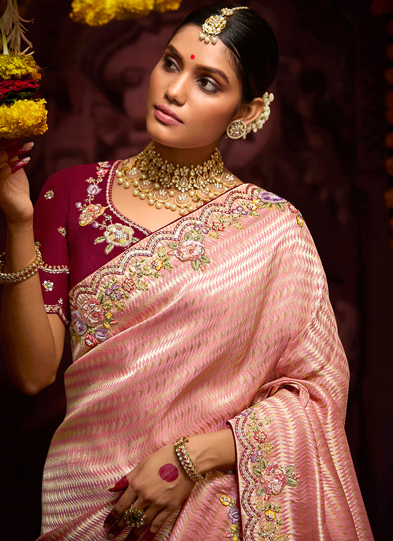 Peach Kanjivaram Silk Sequins Work  Party Wear Saree SW456448
