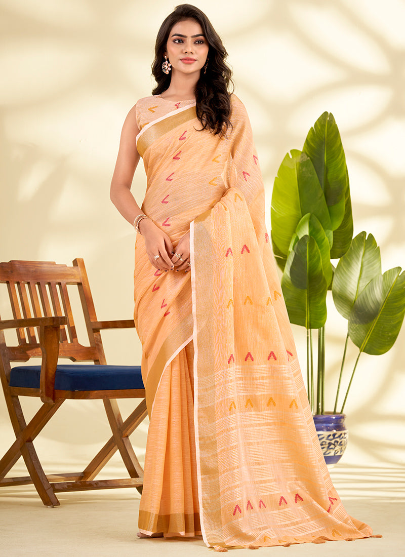 Linen Silk Peach Saree with Zari Work for Daily Wear 381649