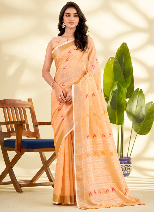 Linen Silk Peach Saree with Zari Work for Daily Wear 381649