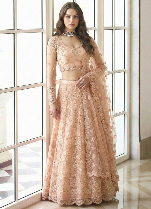 Peach Net Embroidery Work Occasional Wear Lehenga Choli SW671568