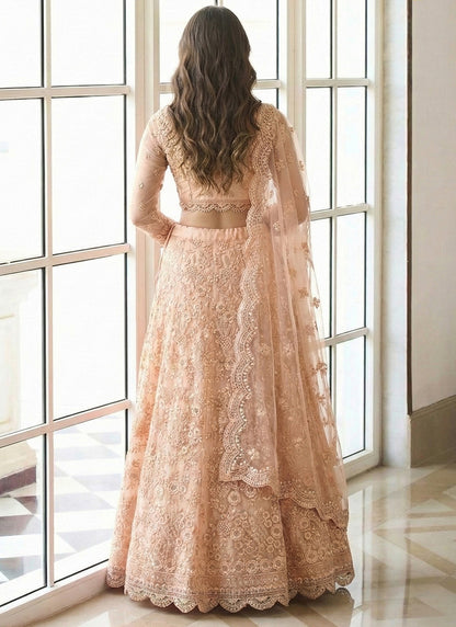 Peach Net Embroidery Work Occasional Wear Lehenga Choli SW671568