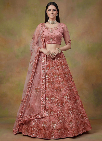 Peach Net Embroidery Work Occasional Wear Lehenga Choli SW822585