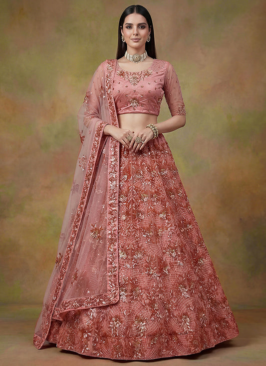 Peach Net Embroidery Work Occasional Wear Lehenga Choli SW822585
