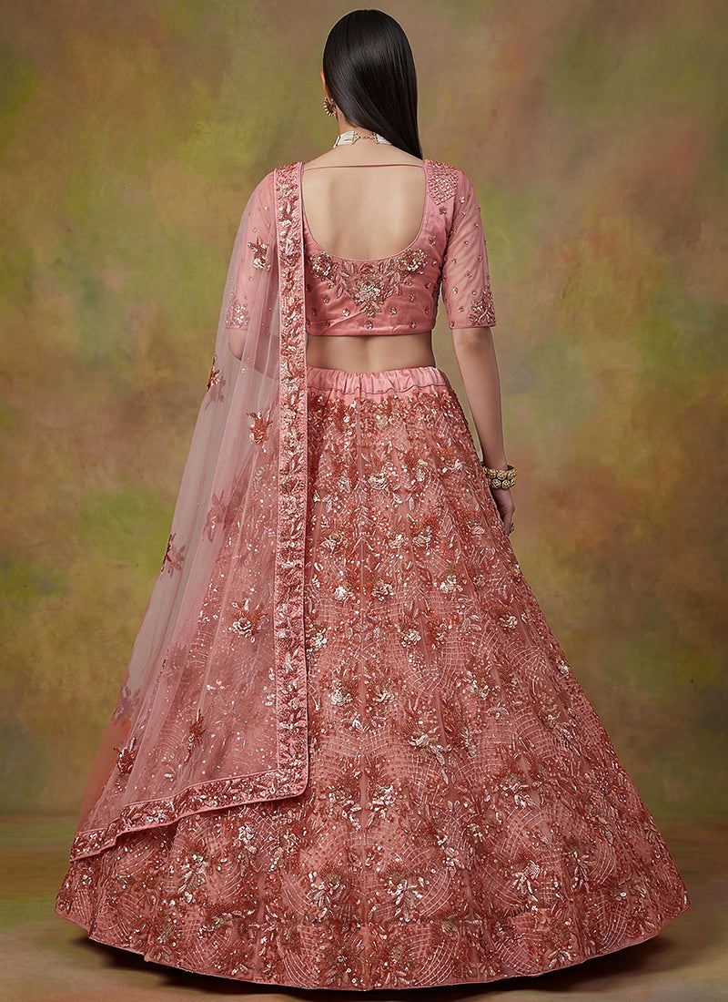 Peach Net Embroidery Work Occasional Wear Lehenga Choli SW822585