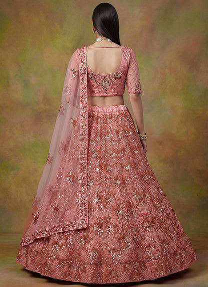 Peach Net Embroidery Work Occasional Wear Lehenga Choli SW822585