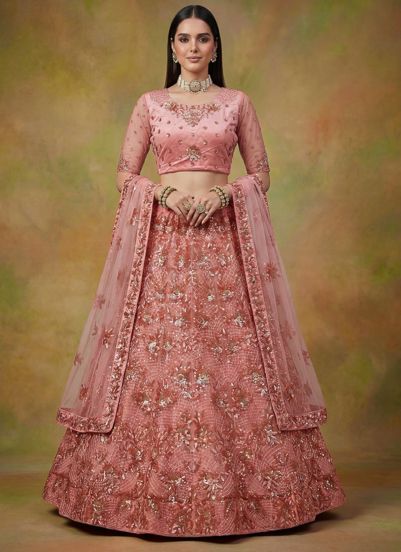 Peach Net Embroidery Work Occasional Wear Lehenga Choli SW822585