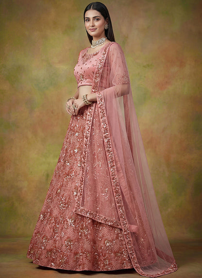 Peach Net Embroidery Work Occasional Wear Lehenga Choli SW822585