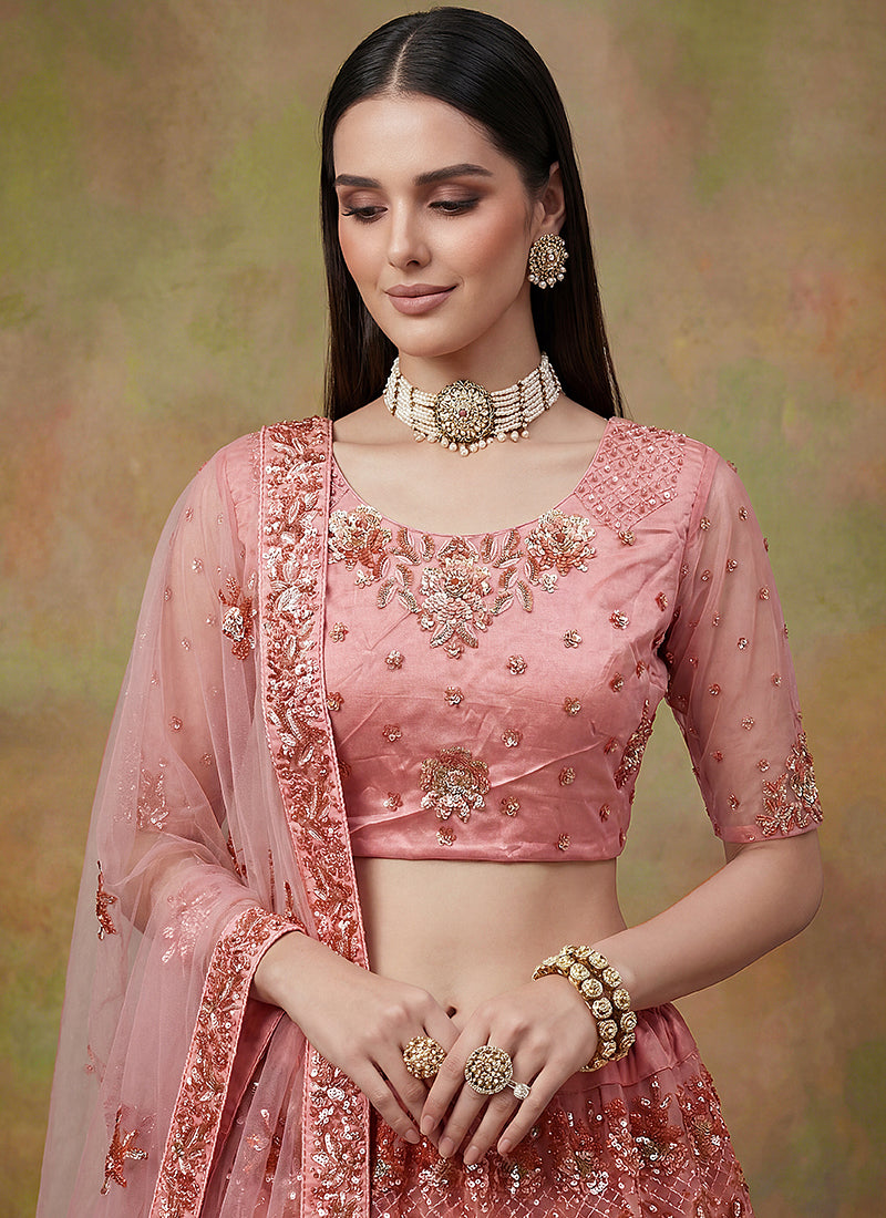 Peach Net Embroidery Work Occasional Wear Lehenga Choli SW822585