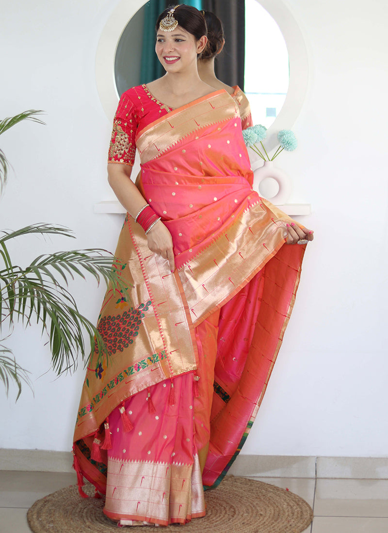 Paithni Silk Peach Saree with Embroidery Work for Party Wear 382460