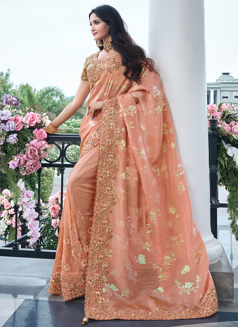 Peach Pure Tissue Silk Embroidery Work Occasional Wear Saree SW798940