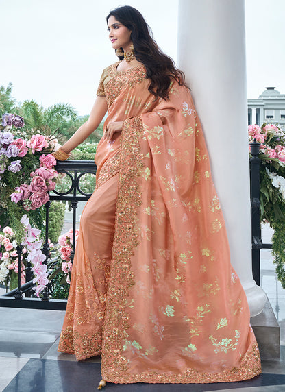 Peach Pure Tissue Silk Embroidery Work Occasional Wear Saree SW798940