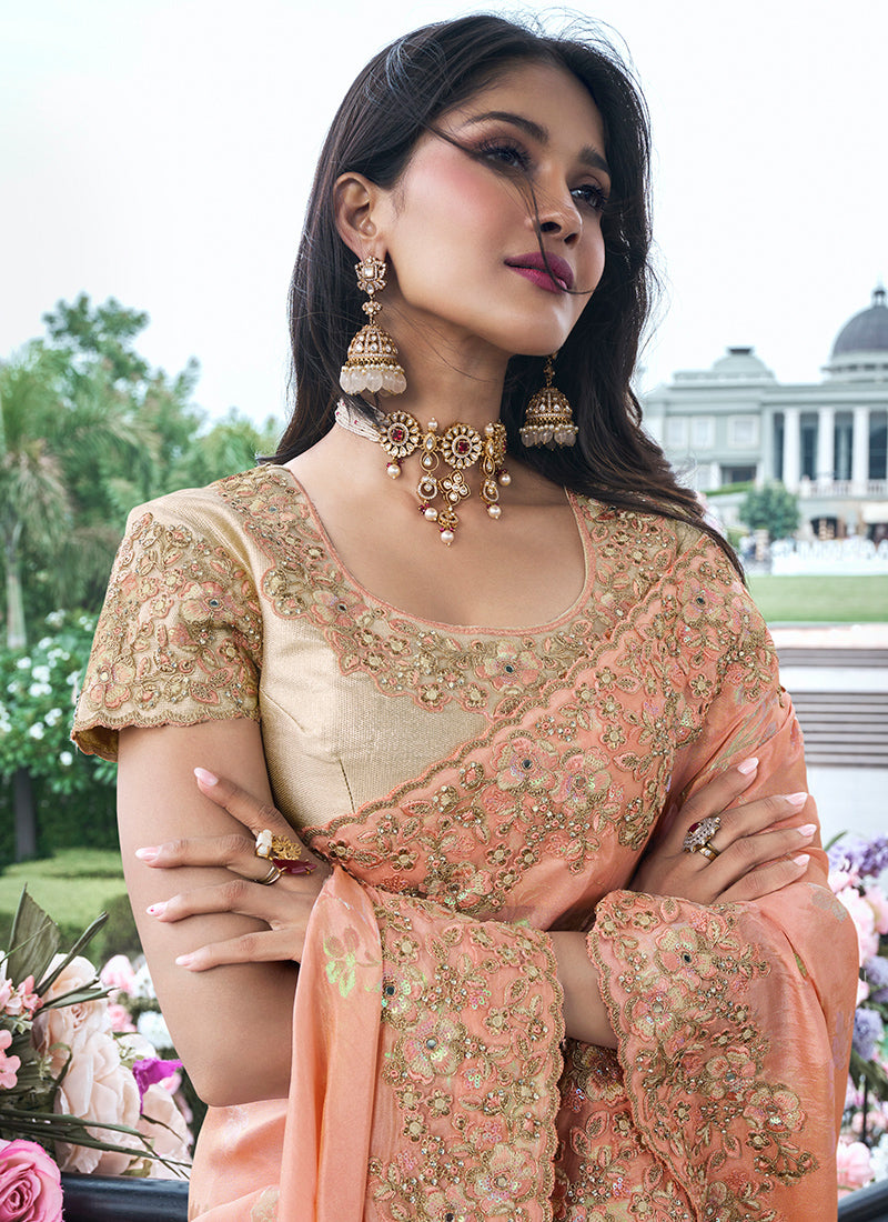 Peach Pure Tissue Silk Embroidery Work Occasional Wear Saree SW798940