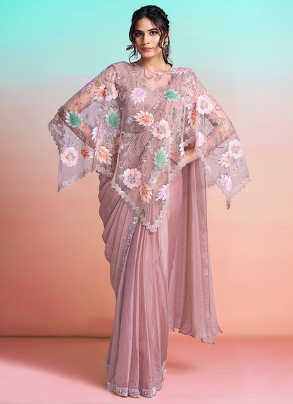 Peach Satin Silk Embroidery Work Festival Wear Readymade Saree SW148728