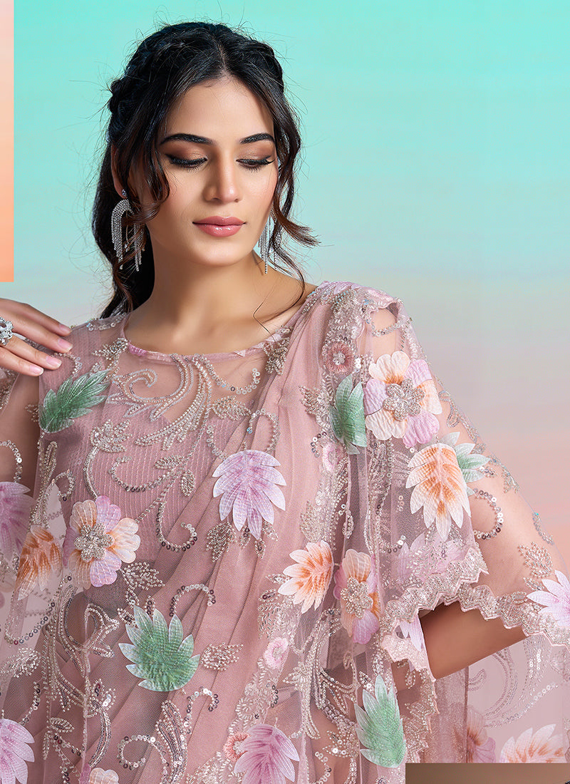 Peach Satin Silk Embroidery Work Festival Wear Readymade Saree SW148728