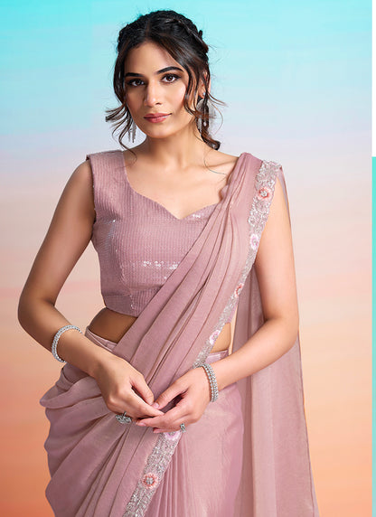 Peach Satin Silk Embroidery Work Festival Wear Readymade Saree SW148728