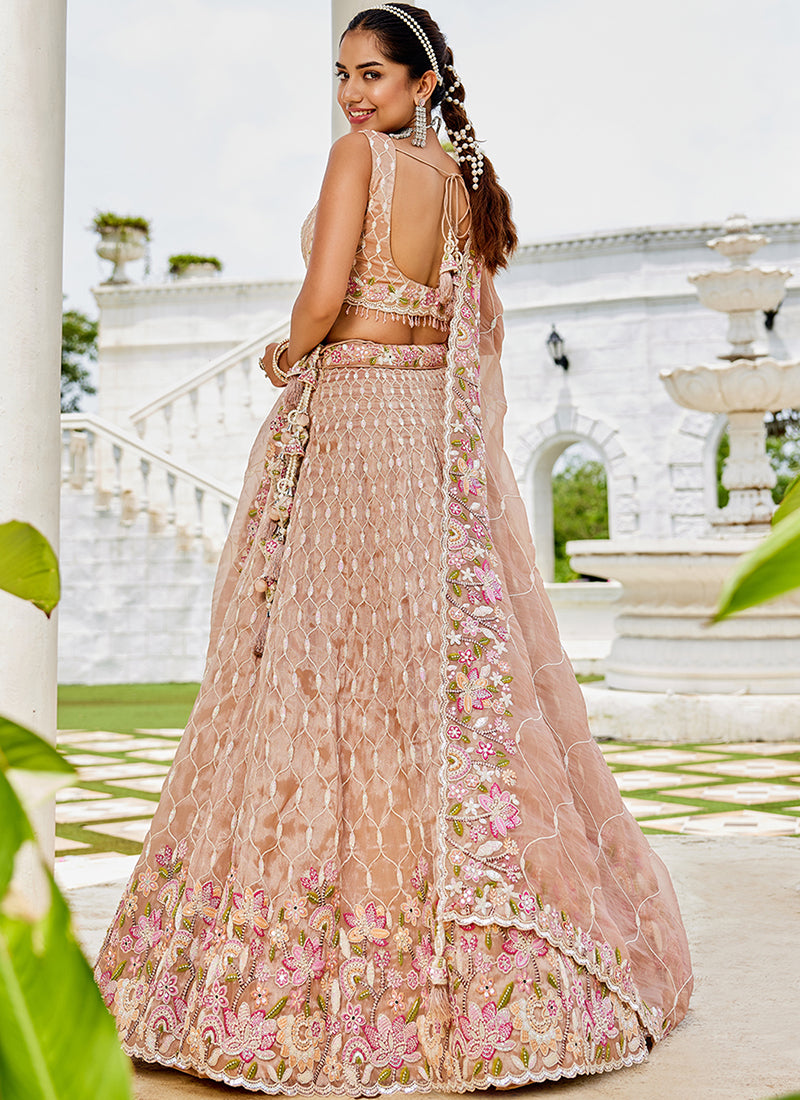 Satin Silk Peach Wedding Wear Heavy Embroidery Readymade Lehenga Choli