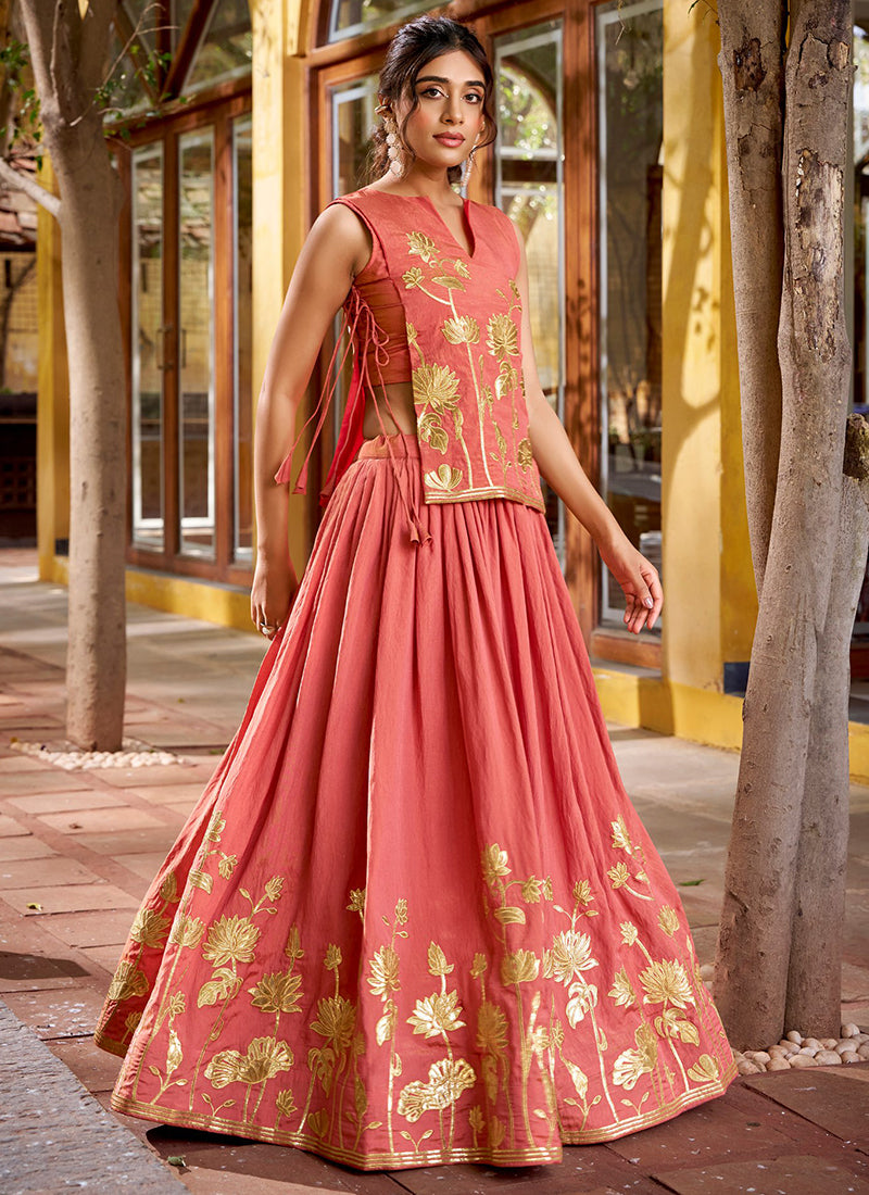 Peach Shimmer Zari Work Festival Wear Readymade Lehenga Choli SW518580