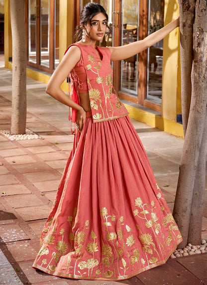 Peach Shimmer Zari Work Festival Wear Readymade Lehenga Choli SW518580