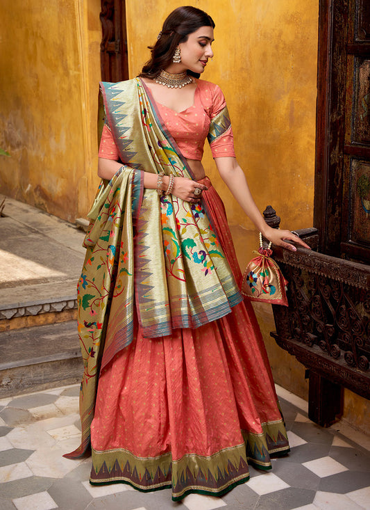 Peach Silk Weaving Work Occasional Wear Lehenga Choli SW111471