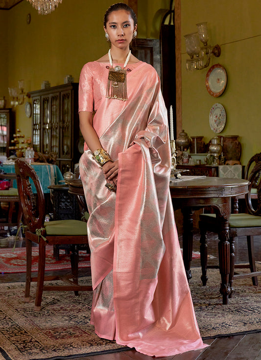 Silk Peach Saree with Weaving Work for Wedding Wear 382507