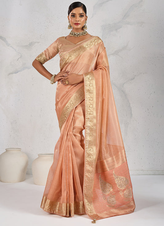 Tissue Linen Peach Saree with Zardosi Work for Bridal Wear 380353