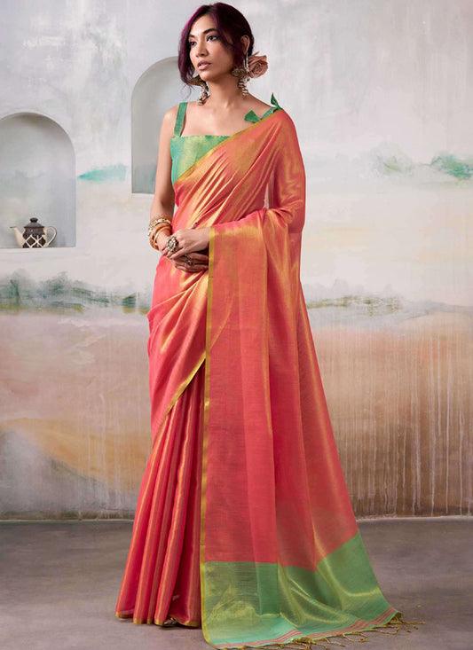 Tissue Silk Peach Saree with Weaving Work for Occasional Wear 384351