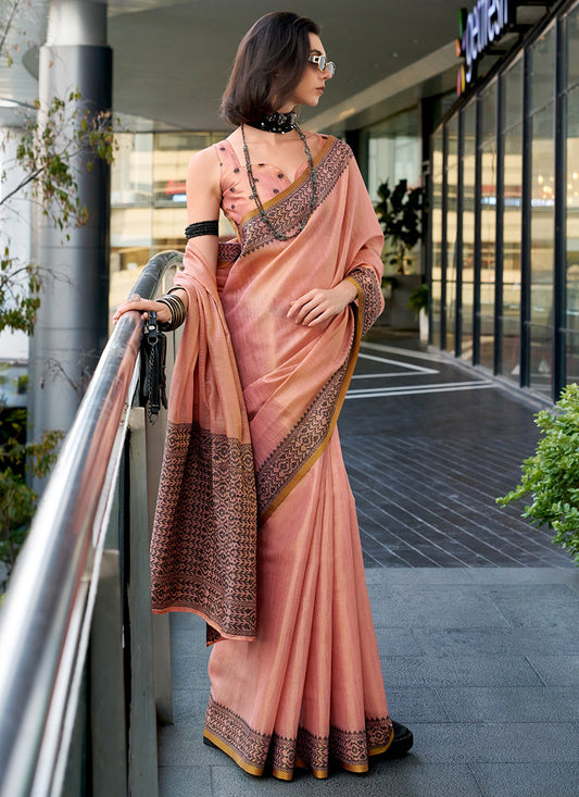 Peach Tissue Silk Printed Work Occasional Wear Saree SW819369