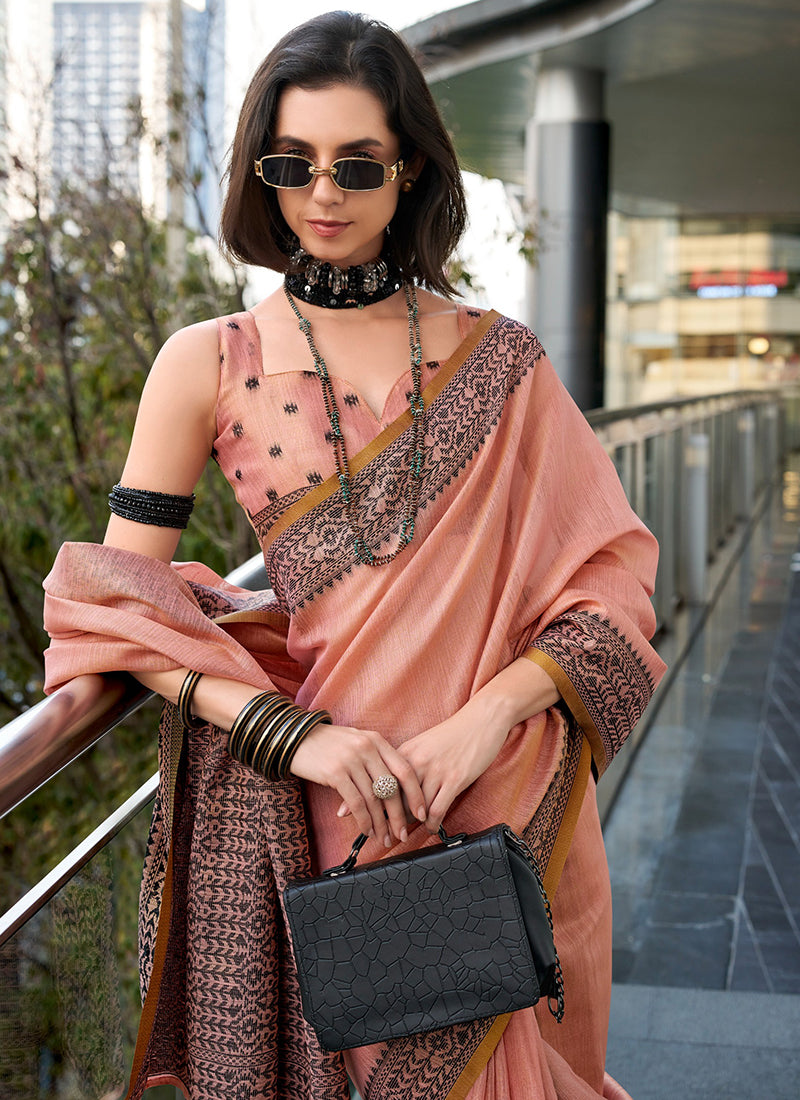 Peach Tissue Silk Printed Work Occasional Wear Saree SW819369