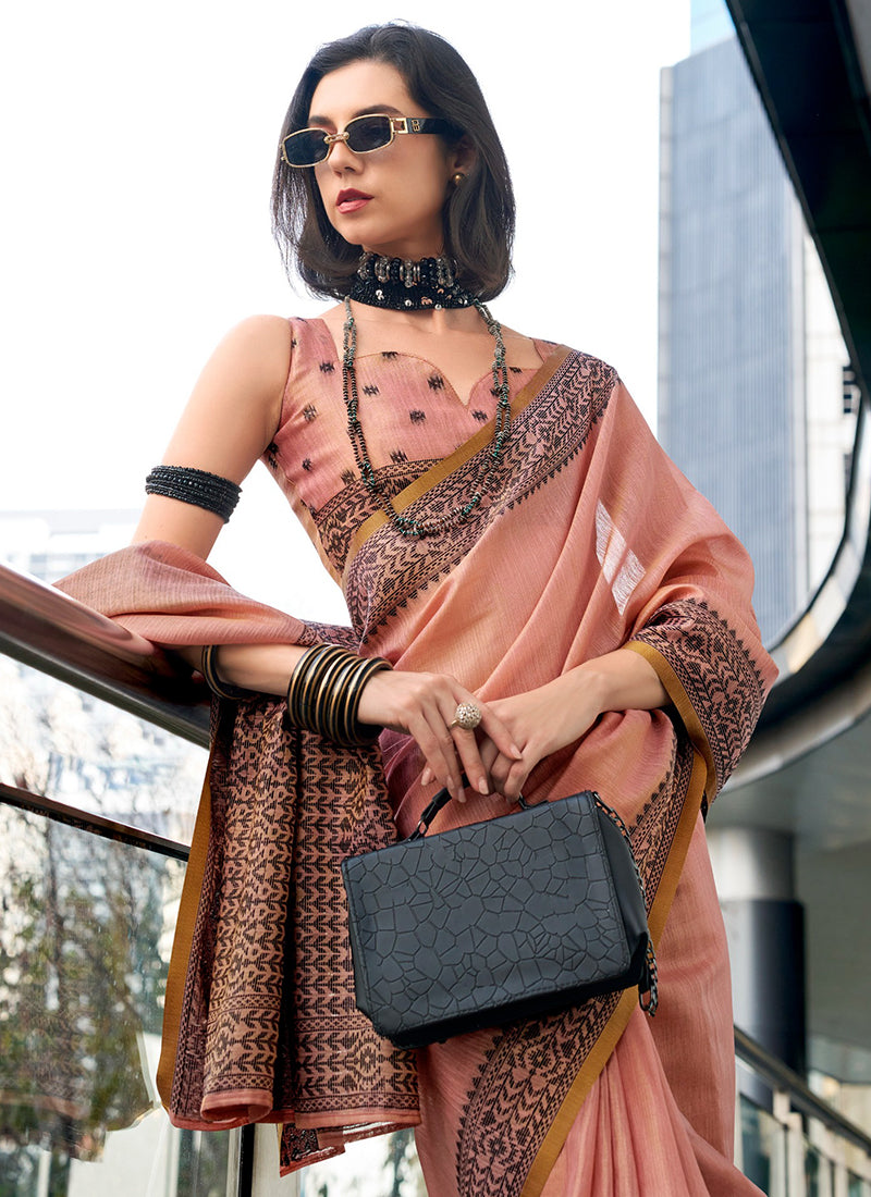 Peach Tissue Silk Printed Work Occasional Wear Saree SW819369